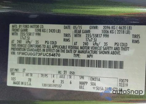 2015 Ford Escape Se from USA, damaged, VIN 1FMCU0G73FUC54870